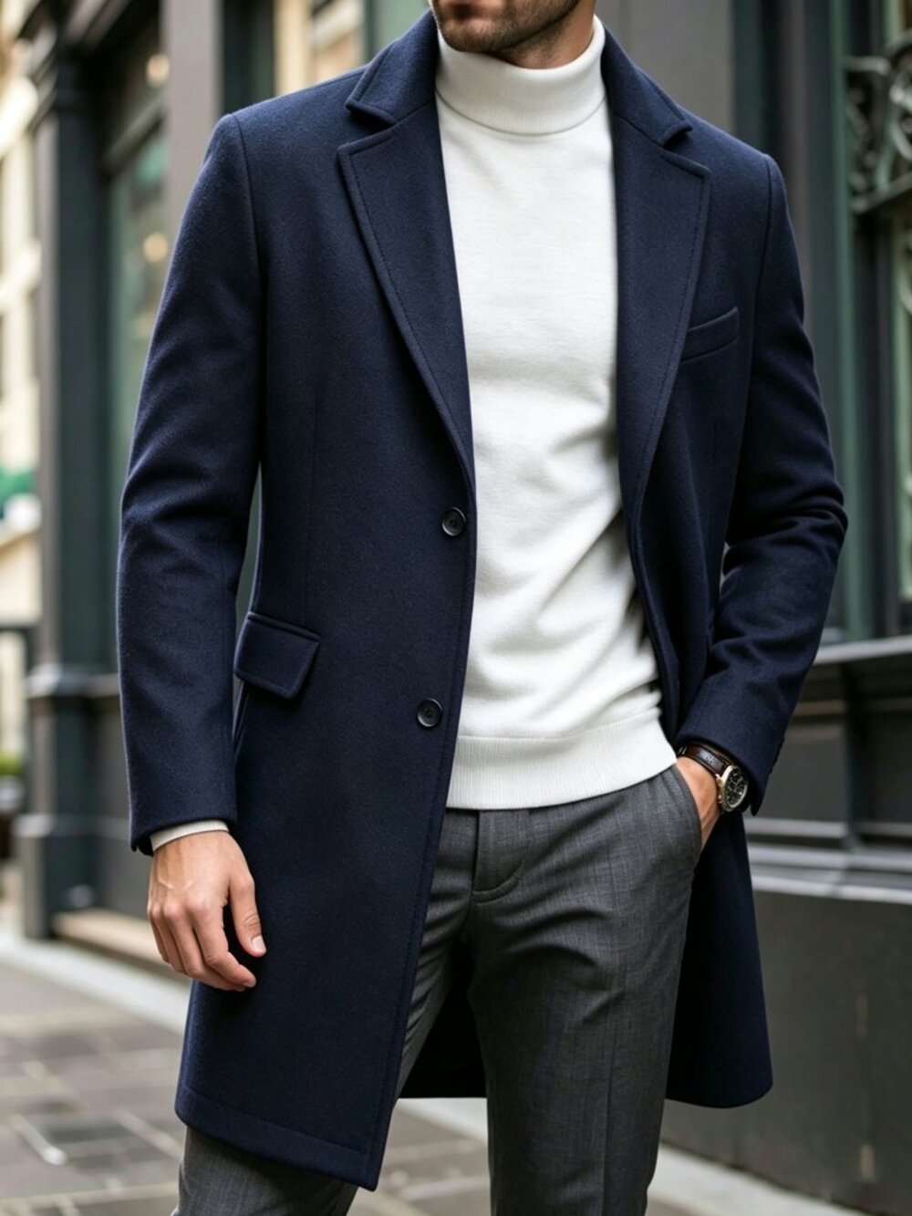 Navy Blue Casual Men's Lapel Regular Fit Mid-Length Overcoat Jacket